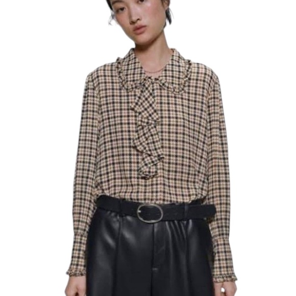 Zara Houndstooth Print Ruffle Peter Pan Collar Button Down Blouse - M - Picture 2 of 14